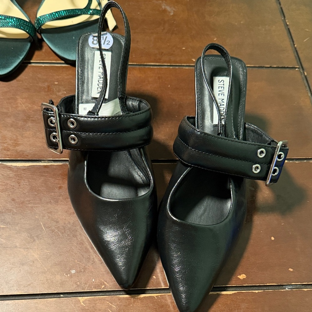 Steve Madden Black Pointed Toe Slingback Heels with Buckle Strap